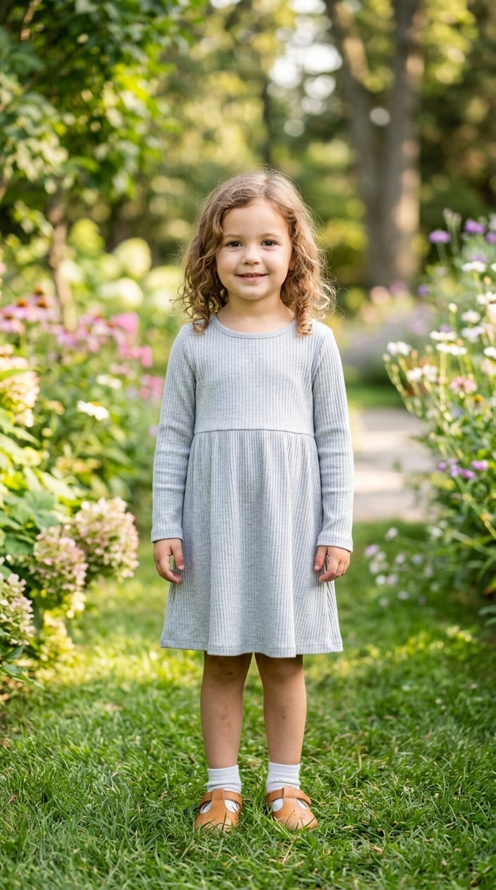 22 Children's Dresses That Don't Feel Itchy, Cheap, or Like a Costume 12 A young child standing outdoors wearing a rib-knit A-line dress, smiling with a natural background of grass and flowers.