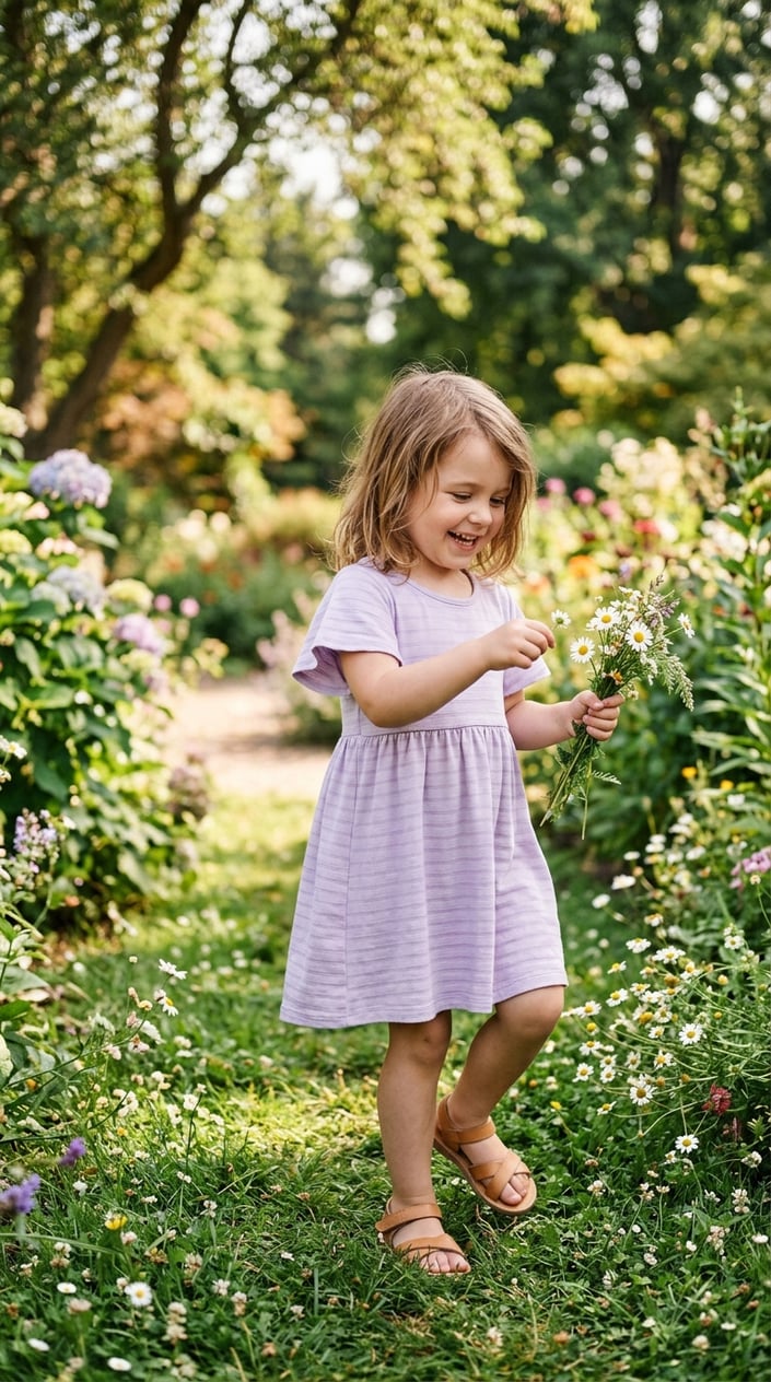 22 Children's Dresses That Don't Feel Itchy, Cheap, or Like a Costume 13 A young child wearing a soft pastel dress playing outdoors in a sunlit garden.