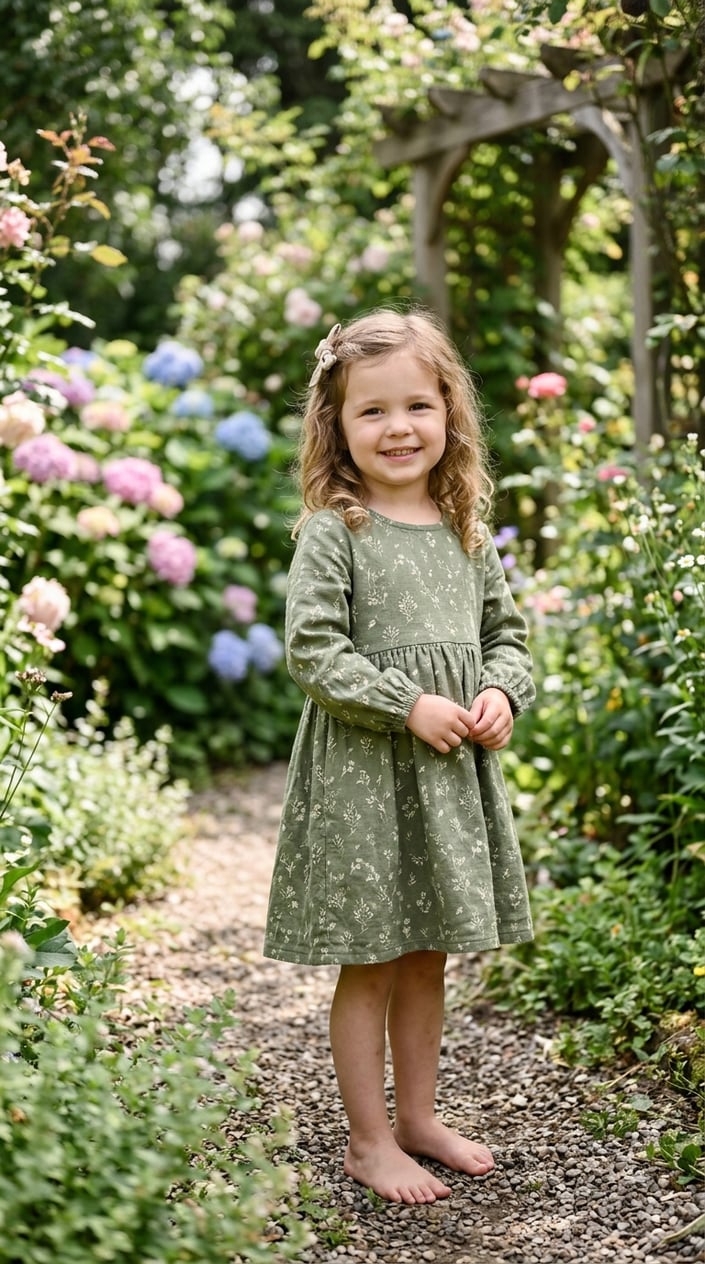 22 Children's Dresses That Don't Feel Itchy, Cheap, or Like a Costume 14 A young child standing outdoors wearing a comfortable vintage-style dress, smiling gently with greenery in the background.