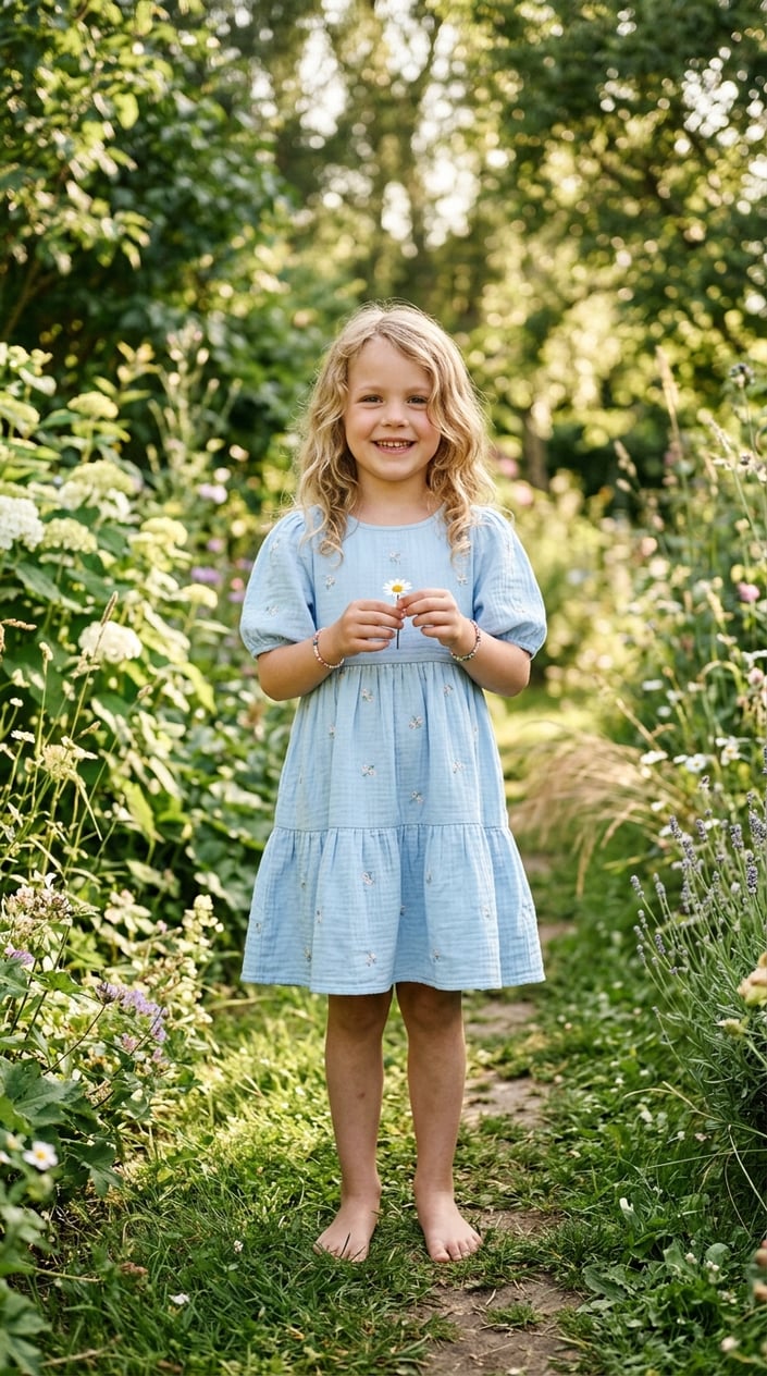 22 Children's Dresses That Don't Feel Itchy, Cheap, or Like a Costume 15 A young girl stands outdoors wearing a light cotton smock dress, smiling softly in a green park setting.