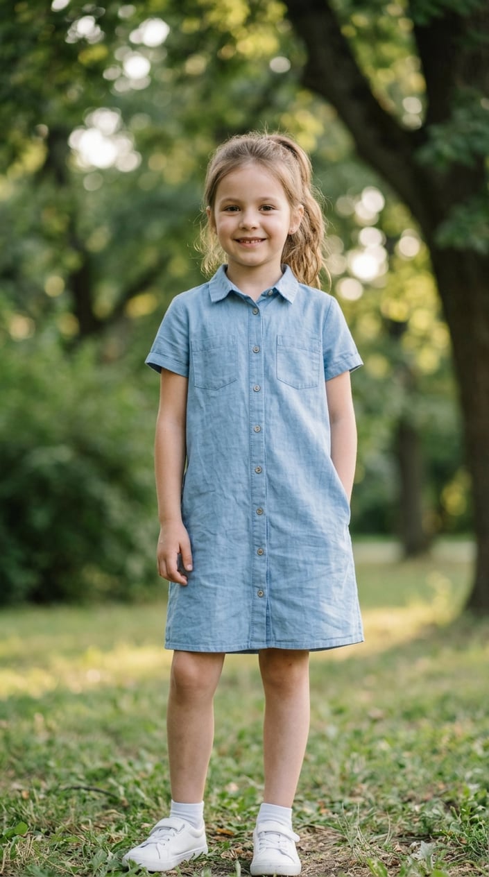 22 Children's Dresses That Don't Feel Itchy, Cheap, or Like a Costume 16 A young girl standing outdoors wearing a simple cotton shirt dress, smiling with a green park background.