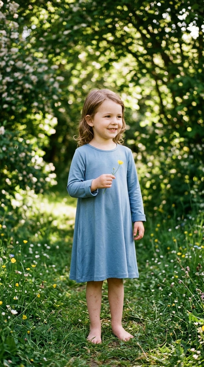 22 Children's Dresses That Don't Feel Itchy, Cheap, or Like a Costume 17 A young child wearing a soft bamboo viscose dress standing outdoors with a blurred green background.