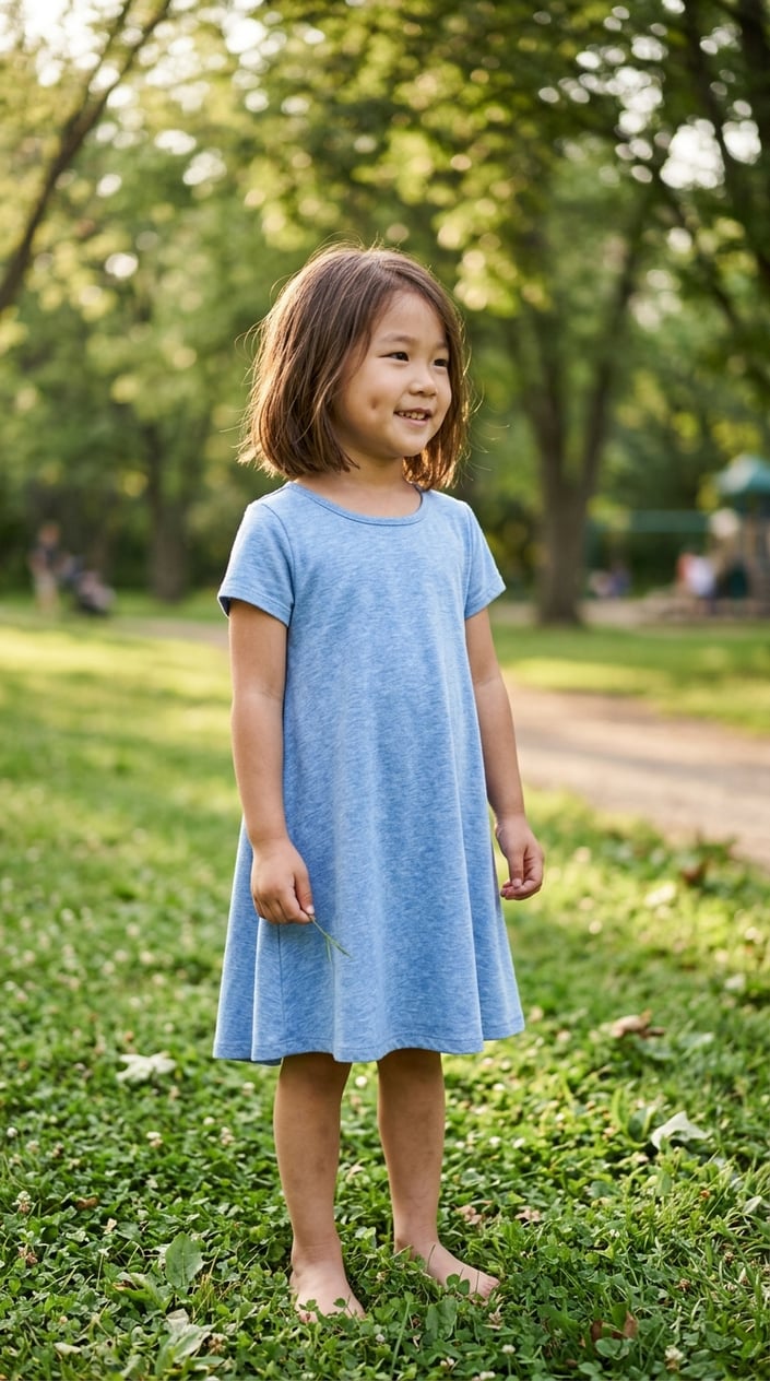 22 Children's Dresses That Don't Feel Itchy, Cheap, or Like a Costume 18 A young child standing outdoors in a soft cotton dress, smiling and looking comfortable in a green park.