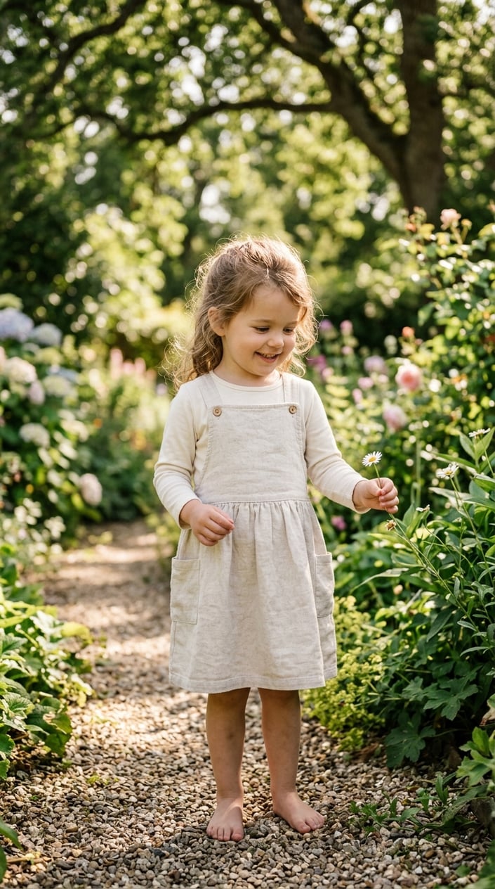 22 Children's Dresses That Don't Feel Itchy, Cheap, or Like a Costume 19 A young child stands outdoors wearing a light-colored pinafore dress, surrounded by greenery and soft sunlight.