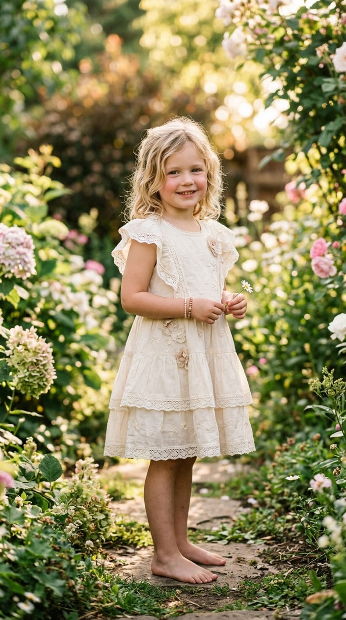 22 Children's Dresses That Don't Feel Itchy, Cheap, or Like a Costume 20 A young girl outdoors wearing a light cotton dress, smiling gently with greenery in the background.