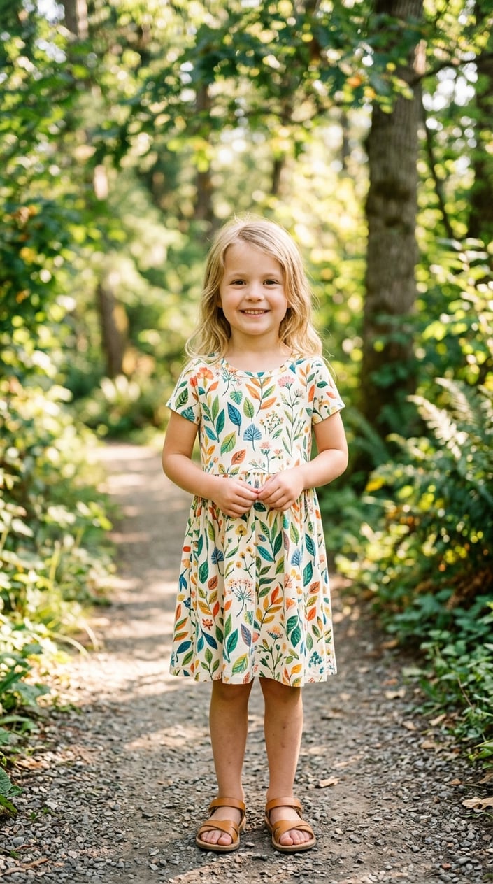 22 Children's Dresses That Don't Feel Itchy, Cheap, or Like a Costume 21 A young girl standing outdoors wearing a colorful printed dress, smiling softly with trees in the background.