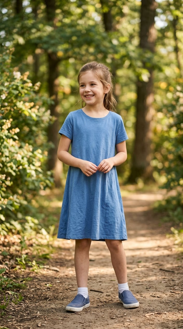 22 Children's Dresses That Don't Feel Itchy, Cheap, or Like a Costume 22 A young girl standing outdoors wearing a comfortable casual dress, smiling and enjoying the natural surroundings.