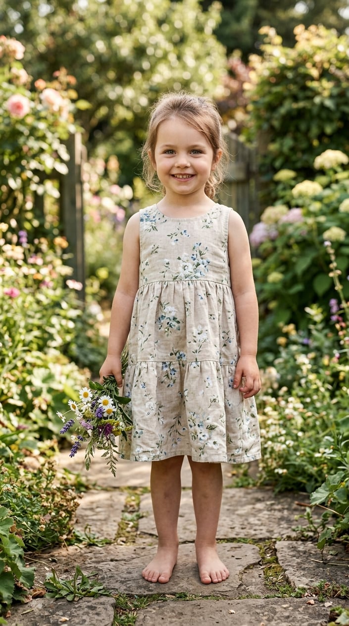 22 Children's Dresses That Don't Feel Itchy, Cheap, or Like a Costume 23 A young child standing outdoors in a light-colored sundress, smiling in a green garden setting.