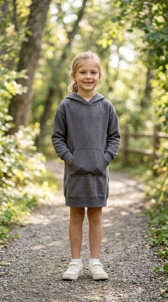 22 Children's Dresses That Don't Feel Itchy, Cheap, or Like a Costume 24 A young girl standing outdoors wearing a comfortable hoodie dress with a hood, smiling in natural light.