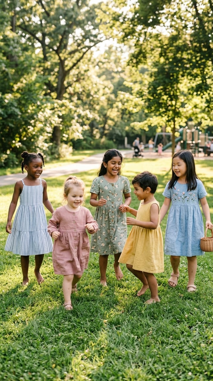 22 Children's Dresses That Don't Feel Itchy, Cheap, or Like a Costume 25 Children playing outdoors wearing soft, comfortable dresses that look natural and high quality.