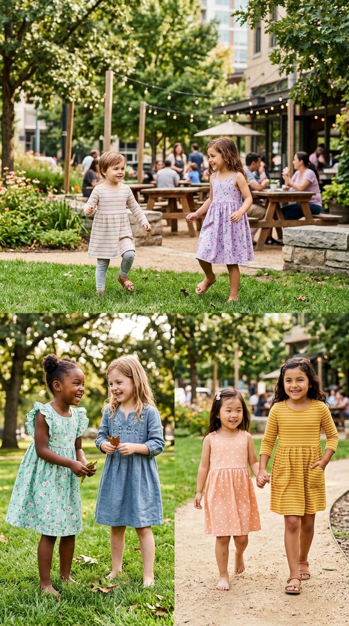 22 Children's Dresses That Don't Feel Itchy, Cheap, or Like a Costume 26 Several young children wearing comfortable, colorful dresses playing and interacting outdoors in a park and casual settings.