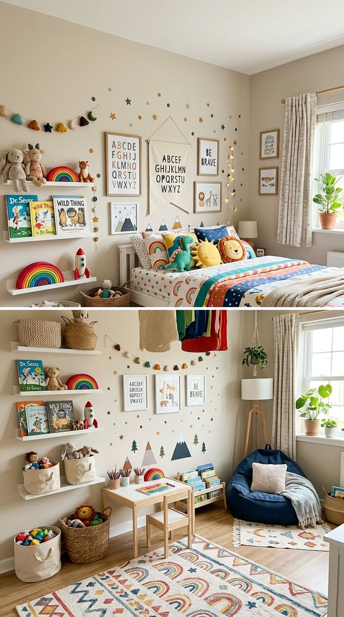 A children's bedroom with colorful bedding, shelves with toys and books, wall art, a reading nook with a bean bag chair, and natural light from a window.