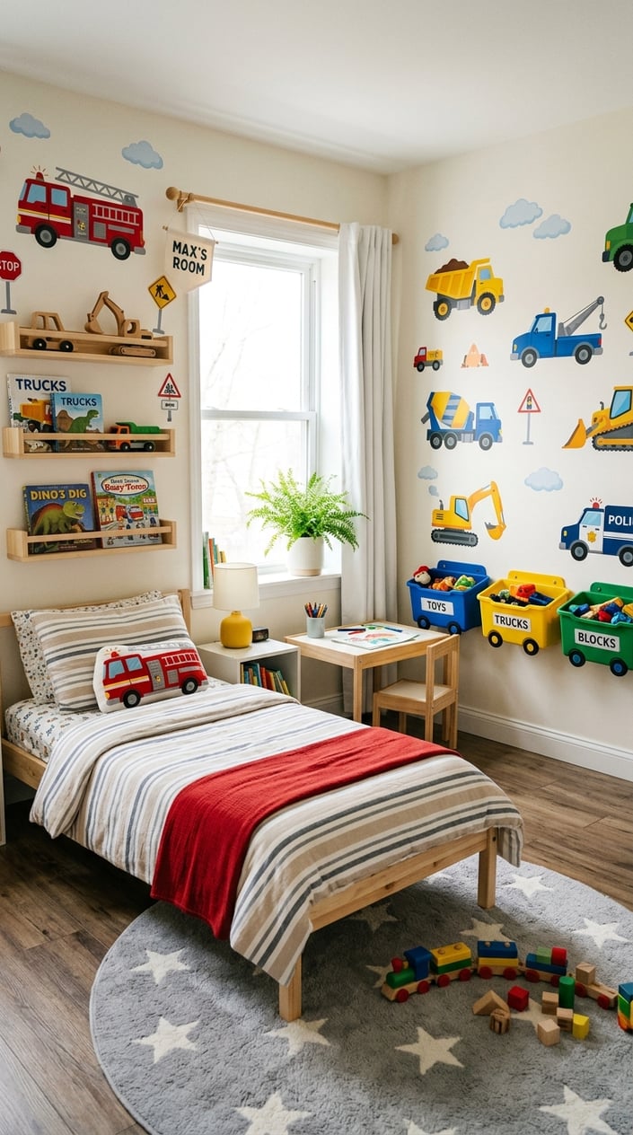 A children's bedroom decorated with colorful truck-themed wall decals, a bed, toys, and a small table with art supplies.