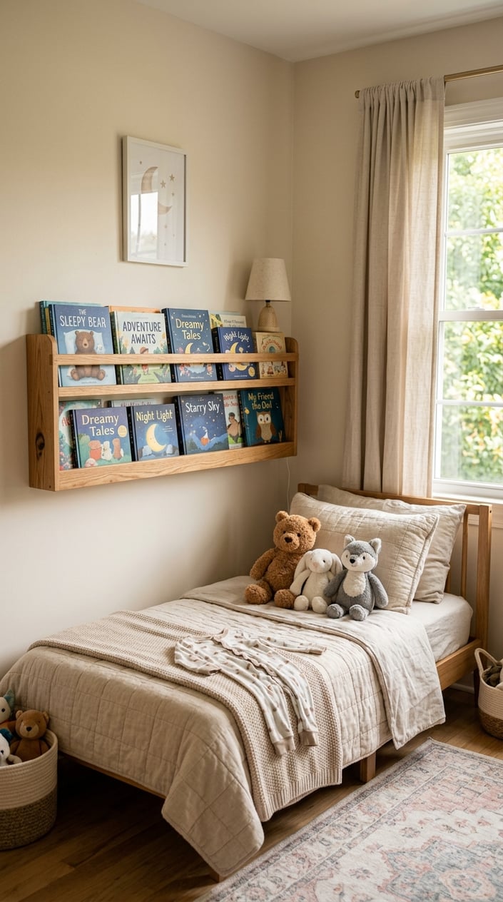 A child's bedroom corner with a floating bookshelf holding colorful books above a bed with soft bedding and plush toys.