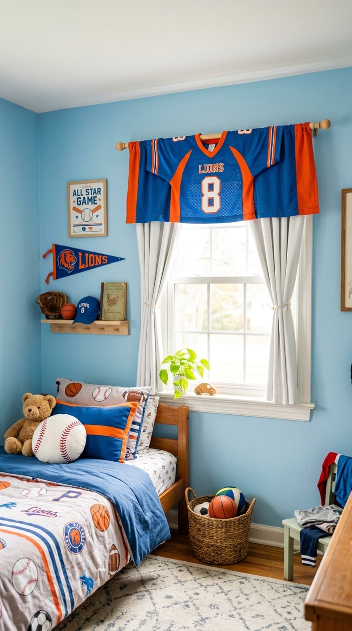 A child's bedroom with a window featuring a curtain valance made from a colorful sports jersey and sports-themed decorations around the room.