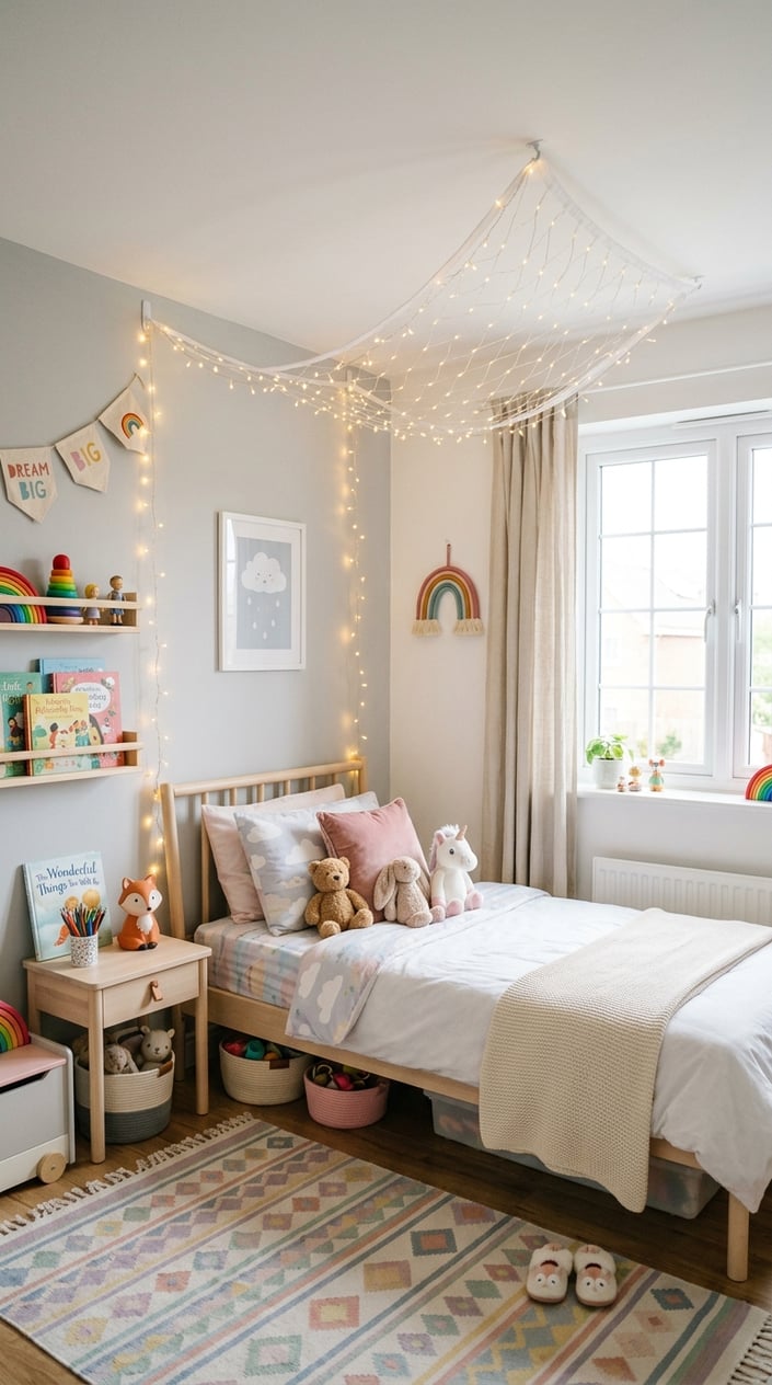 A kids' bedroom with a bed under a canopy made of fairy lights attached with command strips, surrounded by toys and books.