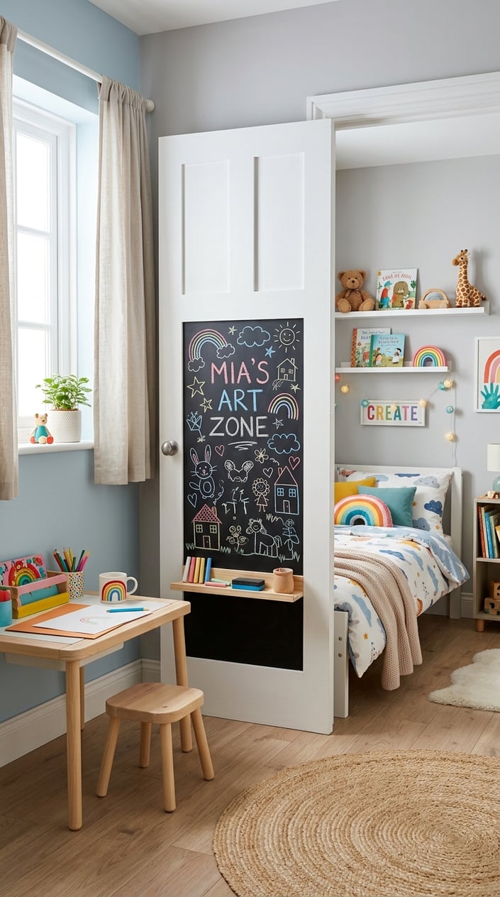 A children's bedroom corner with a chalkboard paint panel on a door, colorful drawings on the chalkboard, a bed, toys, and natural light coming through a window.