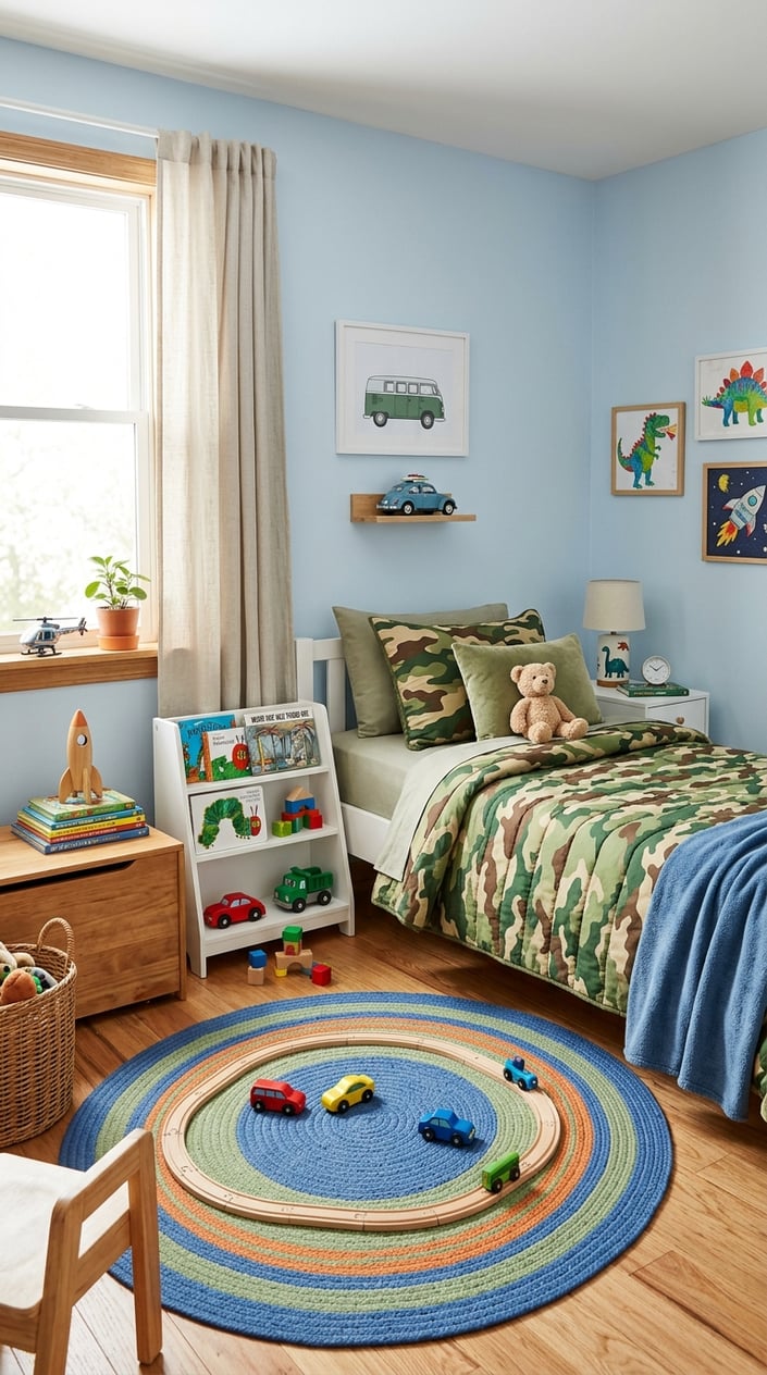 A children's bedroom with camo-patterned bedding and pillows on a bed, toys and books nearby, and natural light coming through a window.