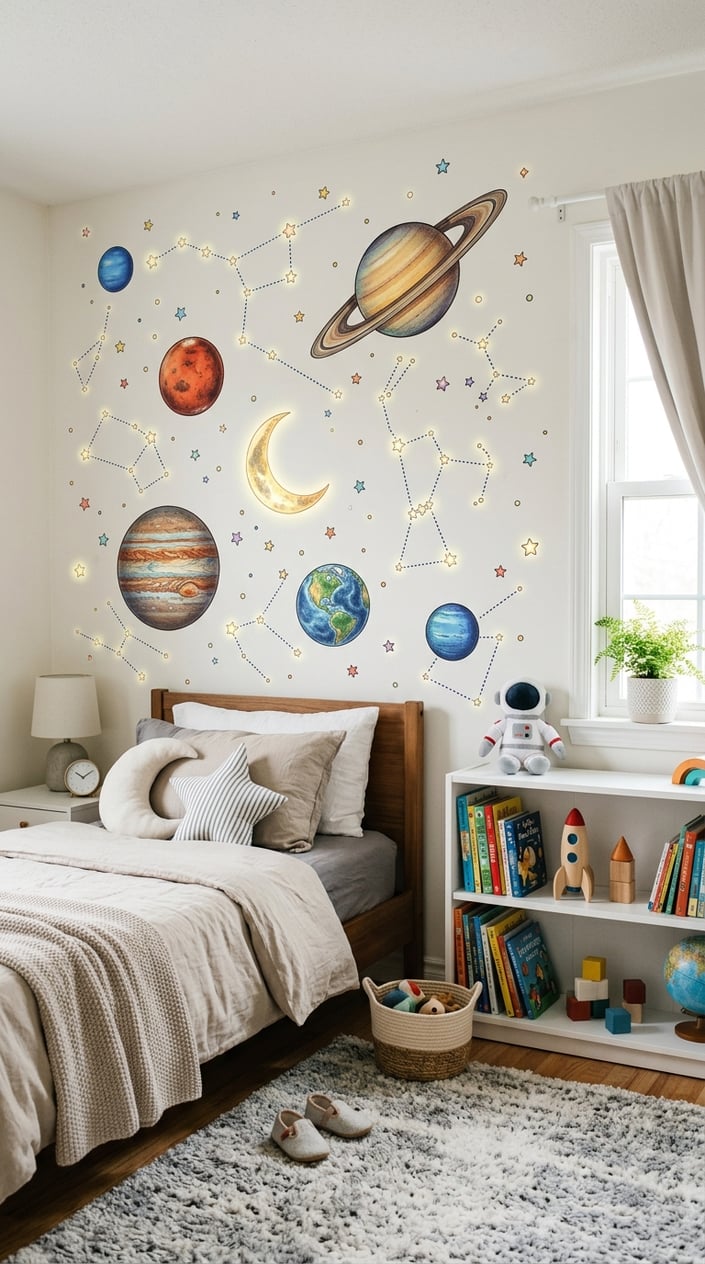 Children's bedroom with a large mural of constellations and planets on the wall, a bed, bookshelf, and soft rug.