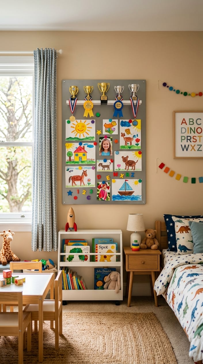 A kids' bedroom with a magnetic board displaying children's artwork and trophies, surrounded by toys and a bed.
