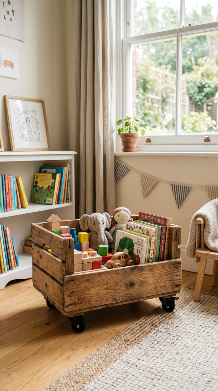 A children's bedroom corner with a wooden crate on wheels used to store colorful toys.