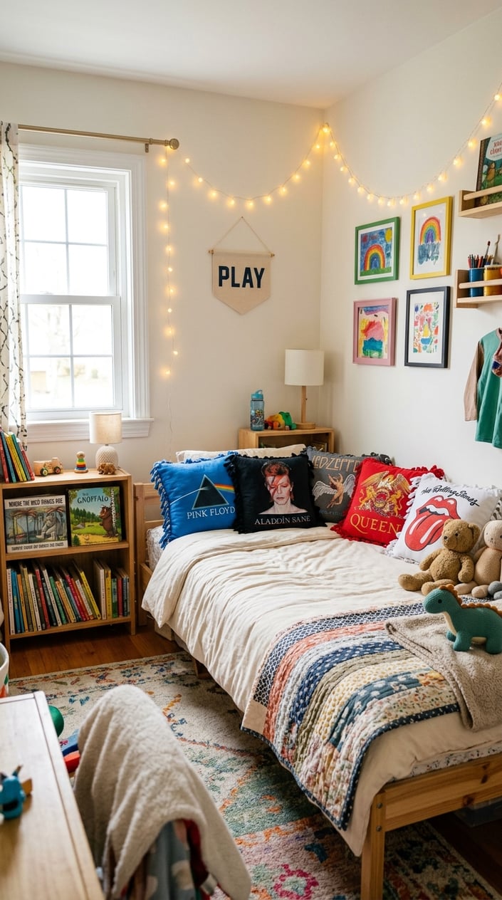 A children's bedroom with a bed featuring colorful pillows made from vintage band t-shirts, surrounded by toys and books in a bright, cozy setting.