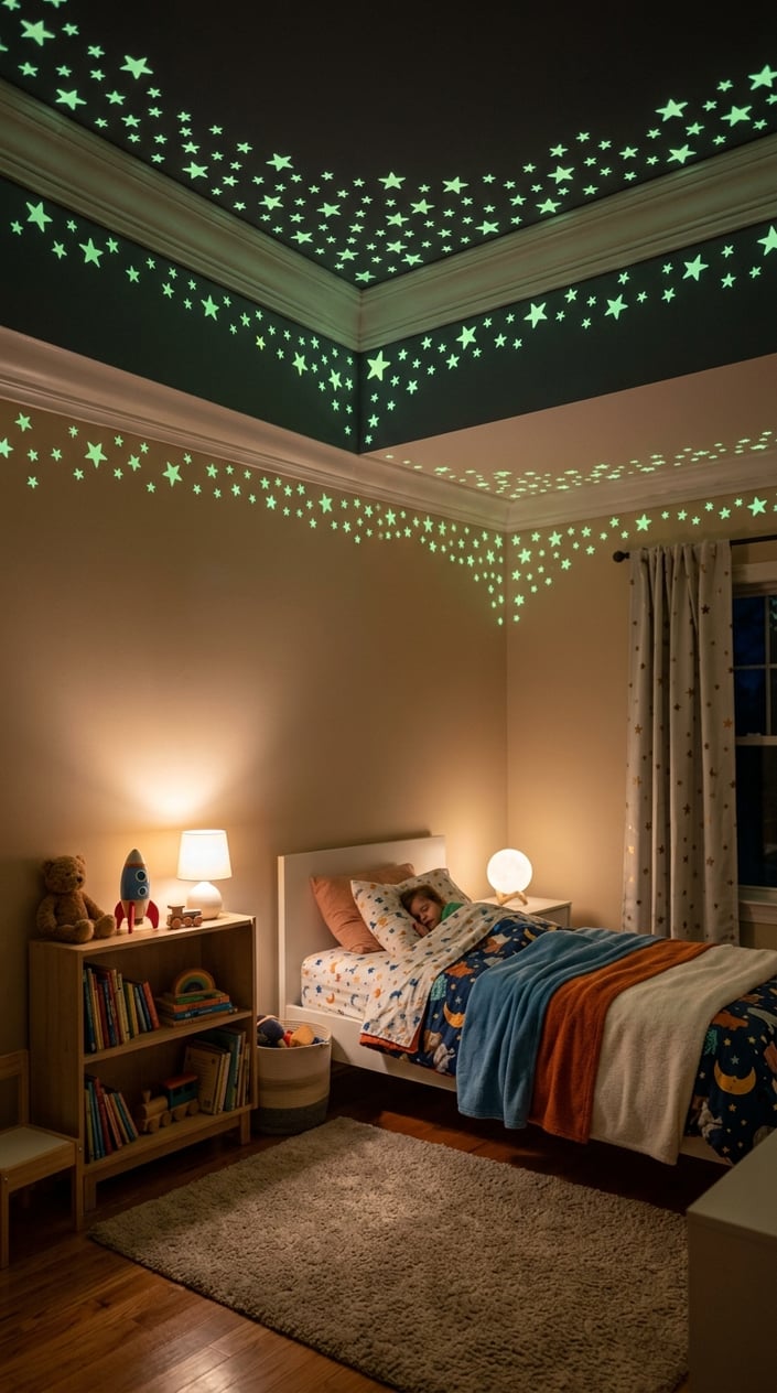 Children's bedroom at night with glow-in-the-dark star stickers along the ceiling edges softly lighting the room.