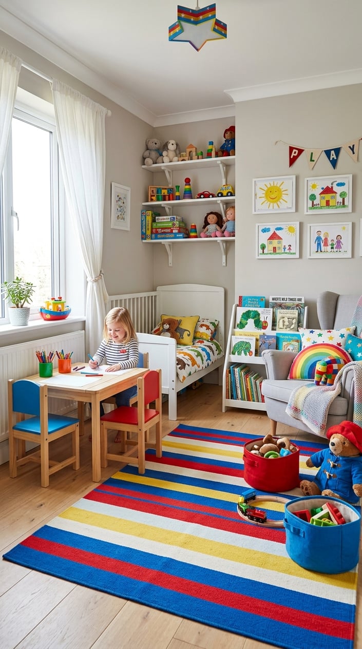 A kids' bedroom with a bold striped rug, play area with toys, a small table, and natural light coming through a window.