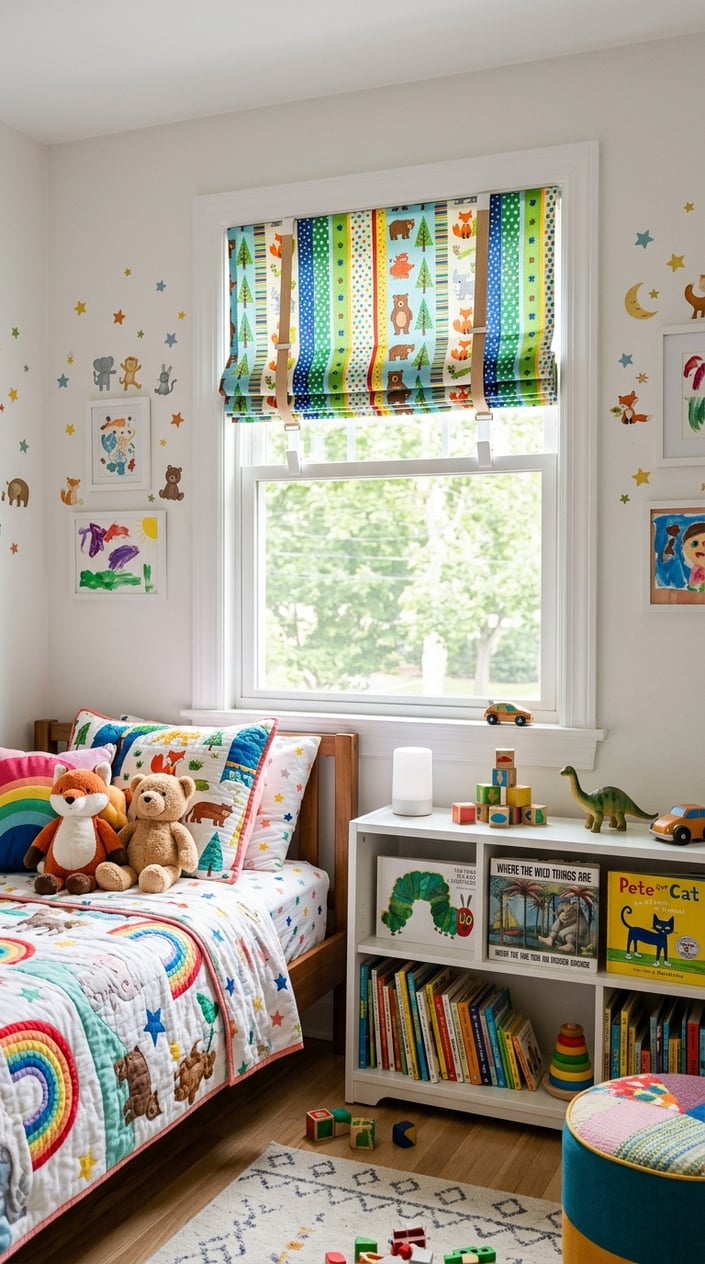 A children's bedroom with a window covered by colorful clip-on Roman shades, a bed with bright bedding, a bookshelf with toys and books, and natural light coming through the window.