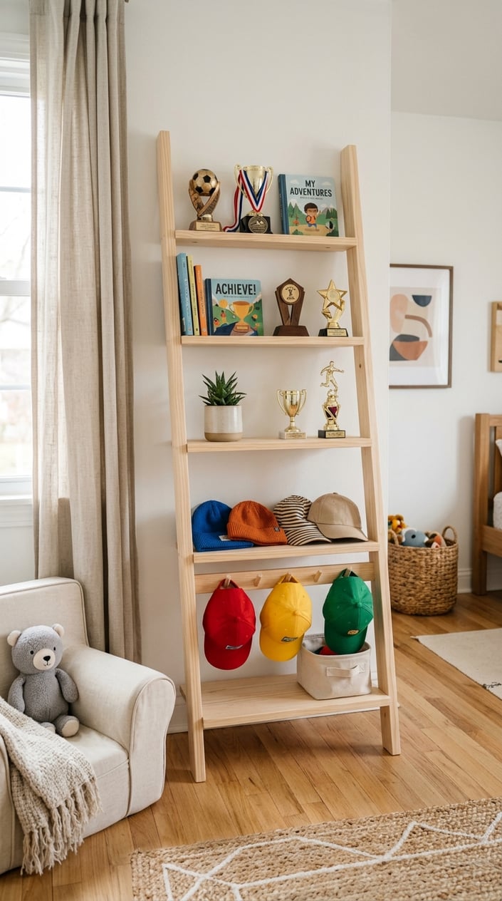 A leaning wooden ladder shelf in a child's bedroom holding trophies and hats, with a bright and tidy room background.