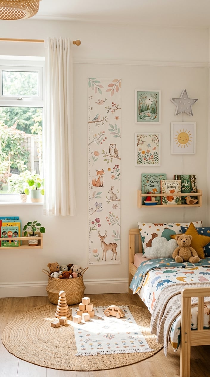 A child's bedroom with a personalized growth chart decal on the wall, a bed with colorful bedding, toys, and books arranged neatly, illuminated by natural light.