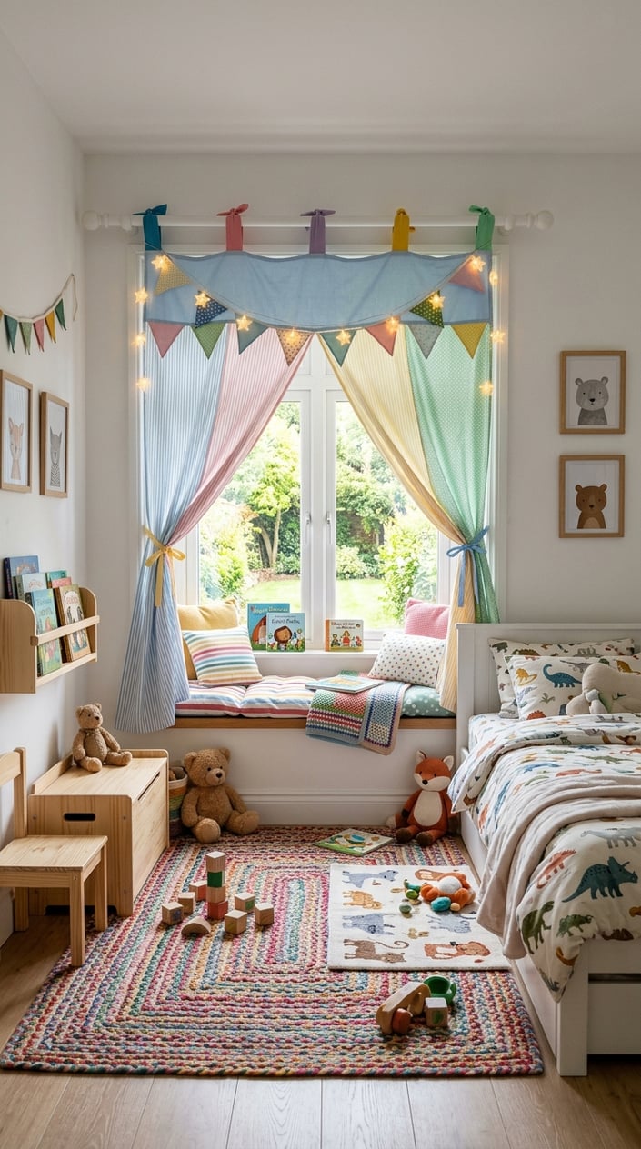 A child's bedroom with a colorful play tent clipped to a curtain rod above a window, surrounded by furniture and toys.
