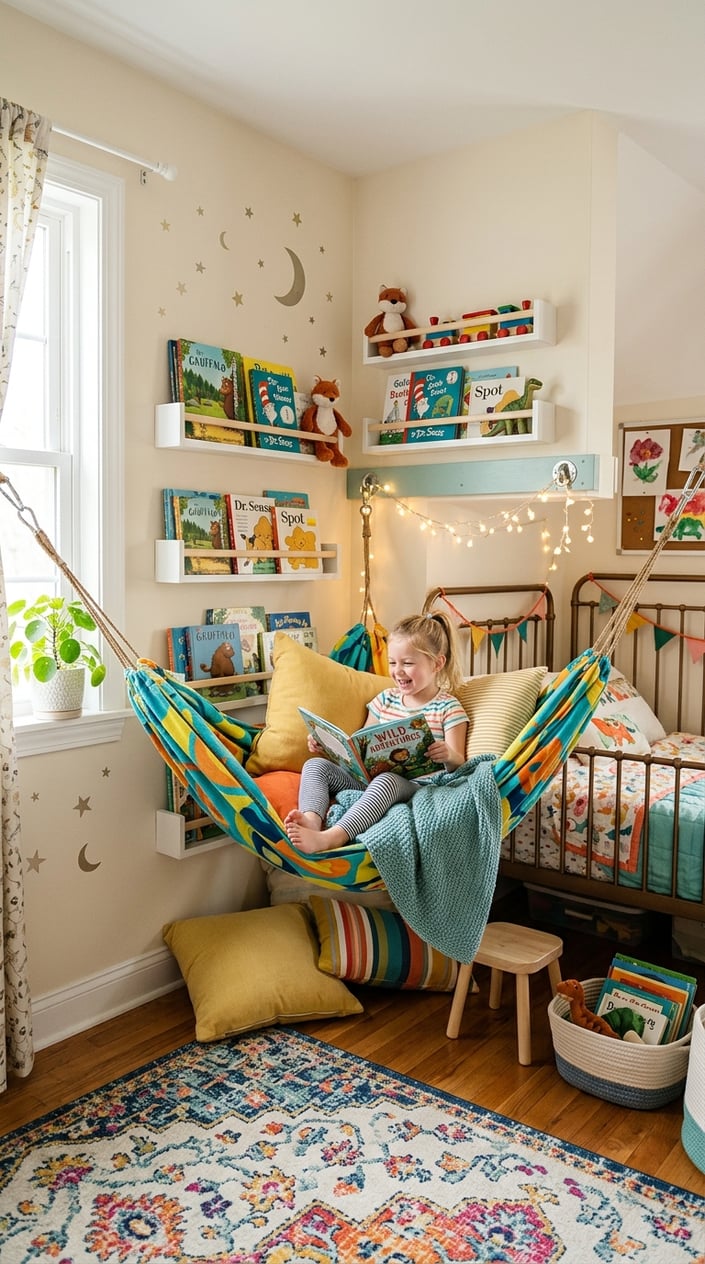 A kids' bedroom with a wall-mounted beanbag hammock reading nook surrounded by shelves with books and toys.
