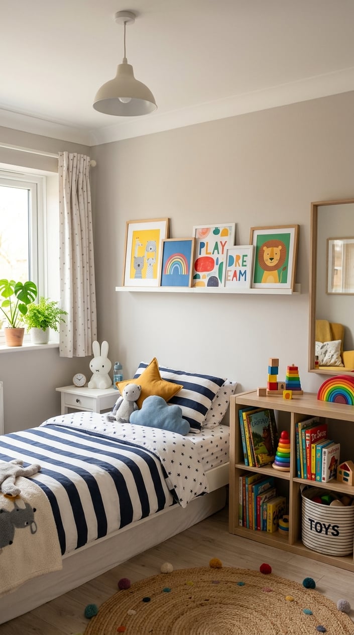 Children's bedroom with a gallery frame ledge displaying colorful artwork above a bed and bookshelf.