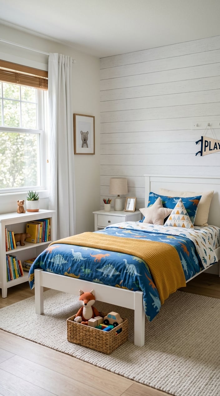 A children's bedroom with a bed in front of a white peel-and-stick shiplap wall, colorful bedding, and a small bookshelf with toys.