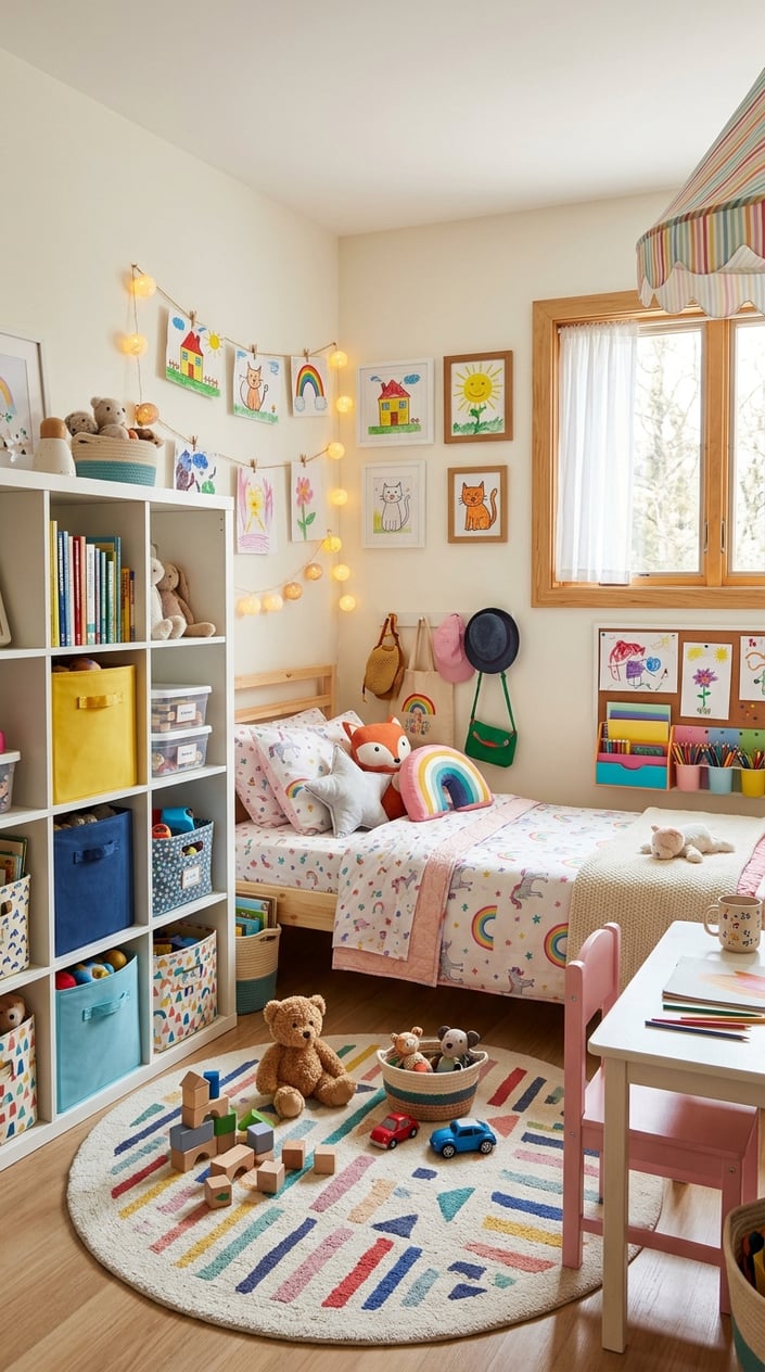 A bright kids' bedroom with a cozy bed, colorful bedding, storage bins, a small desk with art supplies, and natural light coming through a window.