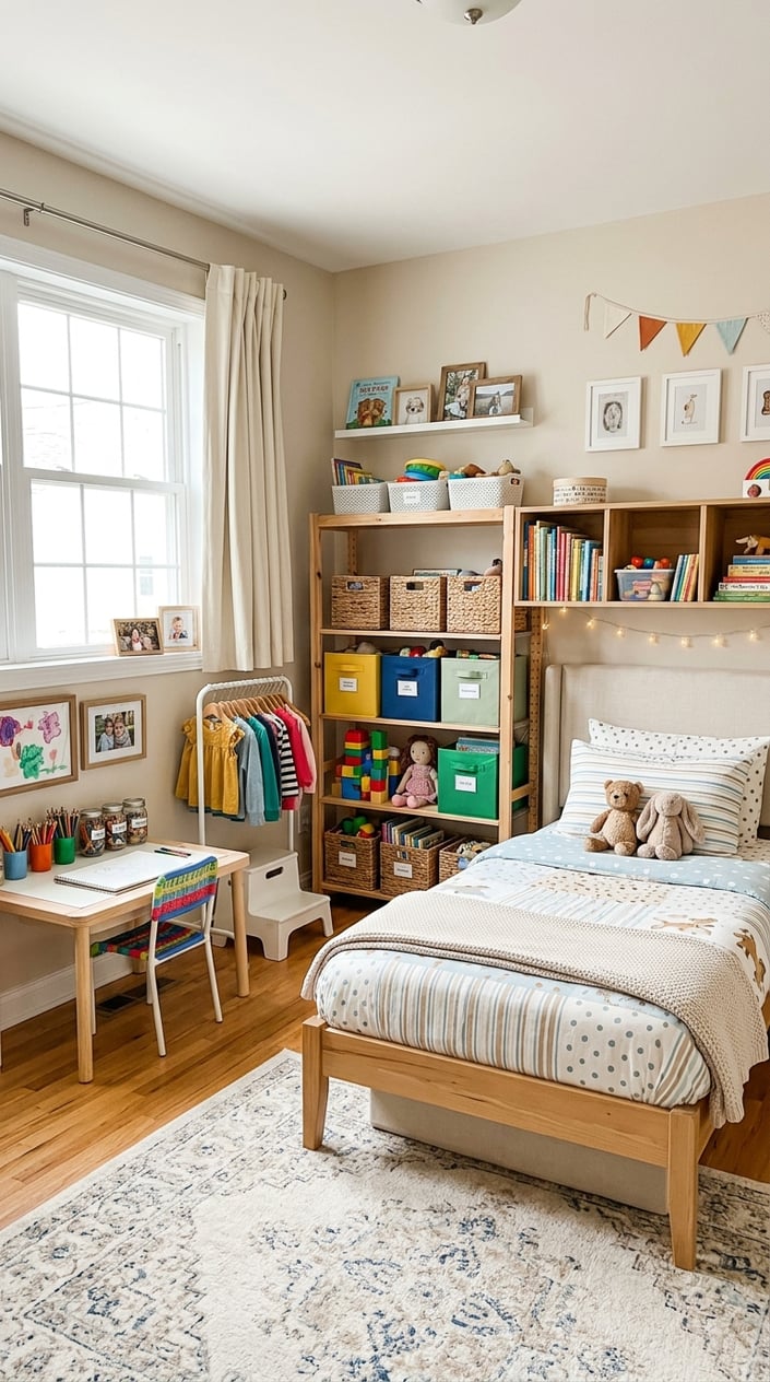 A tidy and welcoming children's bedroom with organized shelves, a cozy bed, and natural light coming through a window.