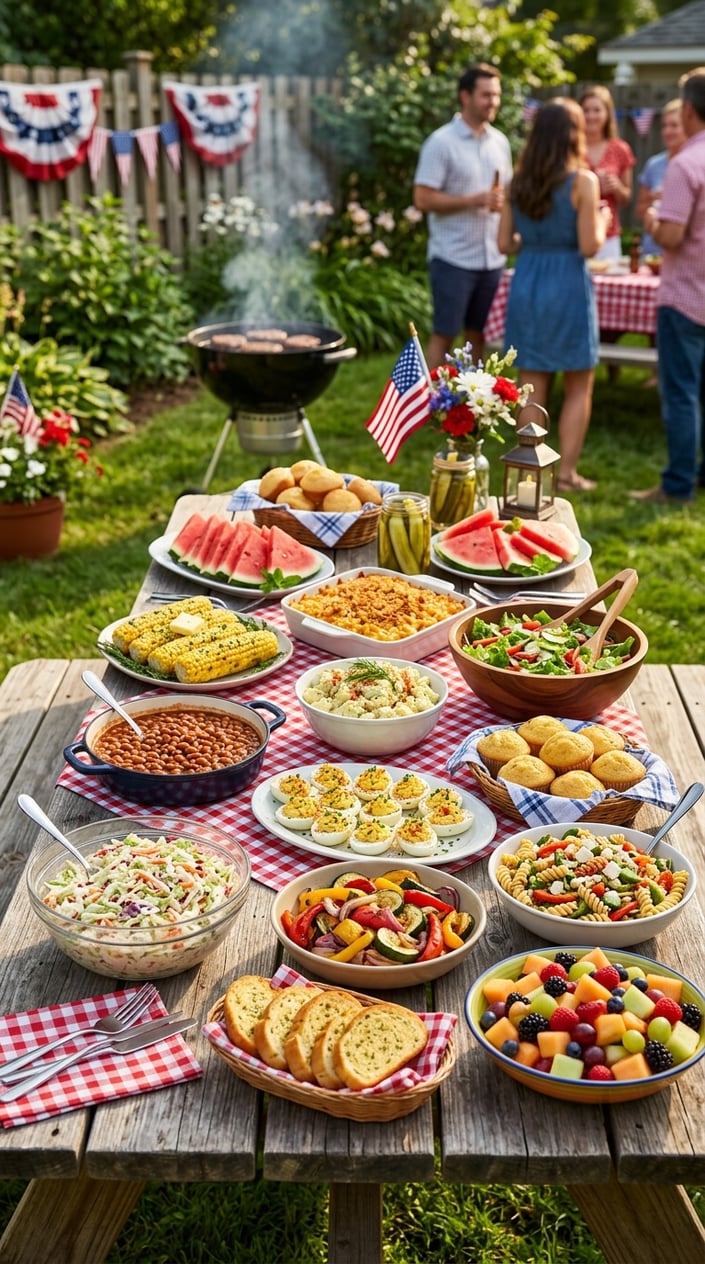 14 BBQ Side Dishes That Steal the Show at Every Memorial Day Cookout 2 A picnic table outdoors with fourteen different BBQ side dishes arranged in bowls and platters, including salads, corn on the cob, baked beans, and watermelon slices, with a barbecue grill and patriotic decorations in the background.