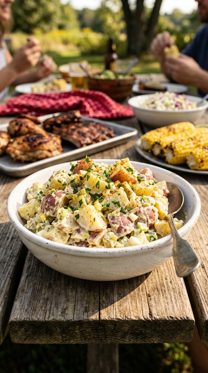 14 BBQ Side Dishes That Steal the Show at Every Memorial Day Cookout 3 A bowl of creamy potato salad with diced pickles and herbs on a wooden table, with blurred BBQ dishes in the background.