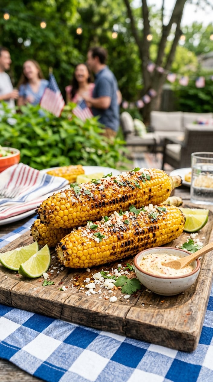 14 BBQ Side Dishes That Steal the Show at Every Memorial Day Cookout 4 Grilled corn on the cob with chili-lime butter and cotija cheese on a wooden platter, with lime wedges and a bowl of butter nearby.