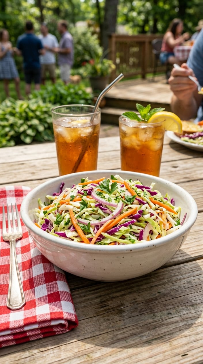 14 BBQ Side Dishes That Steal the Show at Every Memorial Day Cookout 5 A bowl of vinegar-based Carolina coleslaw on a wooden picnic table with a checkered napkin and a glass of iced tea in an outdoor BBQ setting.