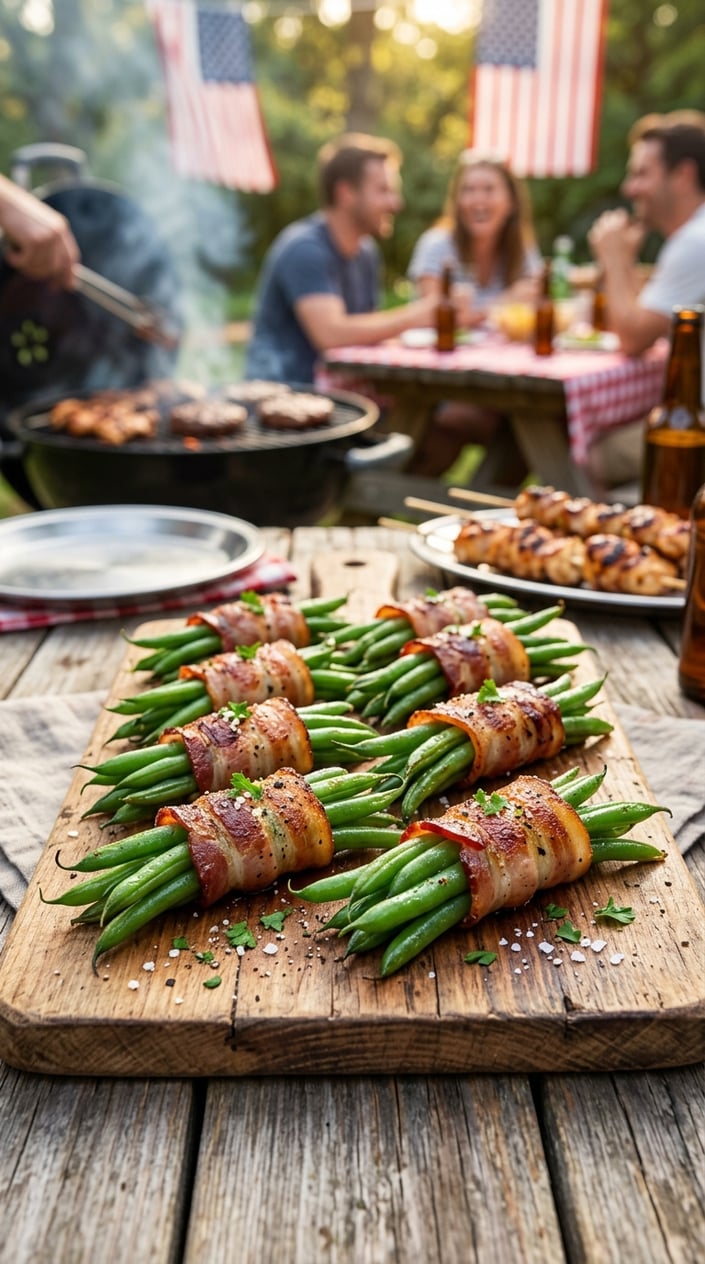 14 BBQ Side Dishes That Steal the Show at Every Memorial Day Cookout 6 Several bacon-wrapped green bean bundles arranged on a wooden serving board at an outdoor BBQ.