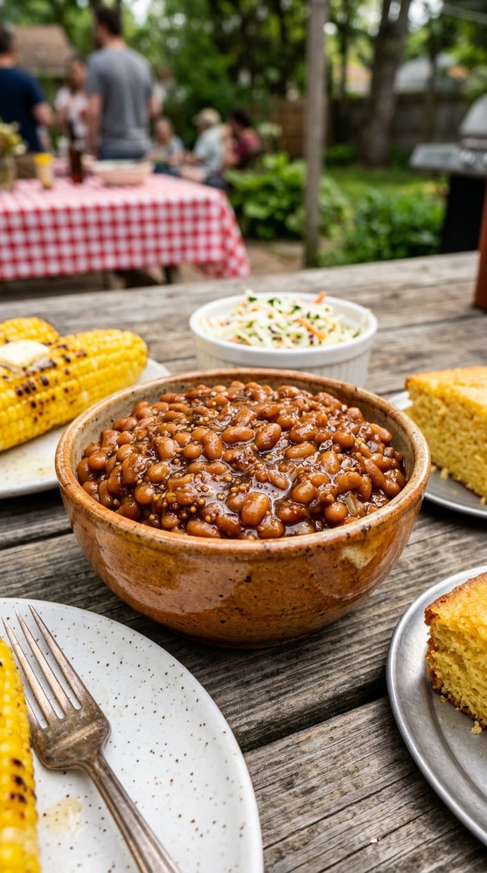 14 BBQ Side Dishes That Steal the Show at Every Memorial Day Cookout 7 A bowl of baked beans in thick sauce on a wooden table surrounded by BBQ side dishes like corn, coleslaw, and cornbread.