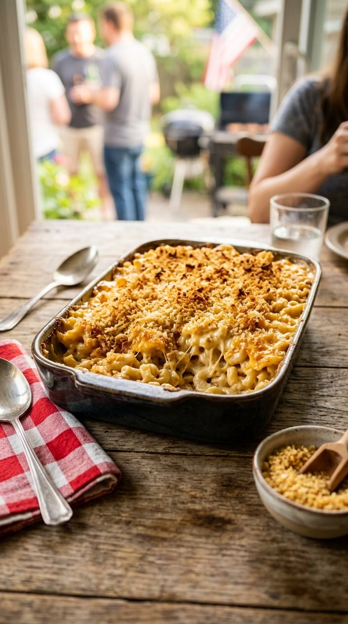 14 BBQ Side Dishes That Steal the Show at Every Memorial Day Cookout 8 A serving dish of smoky macaroni and cheese with a crispy golden panko topping on a wooden table.