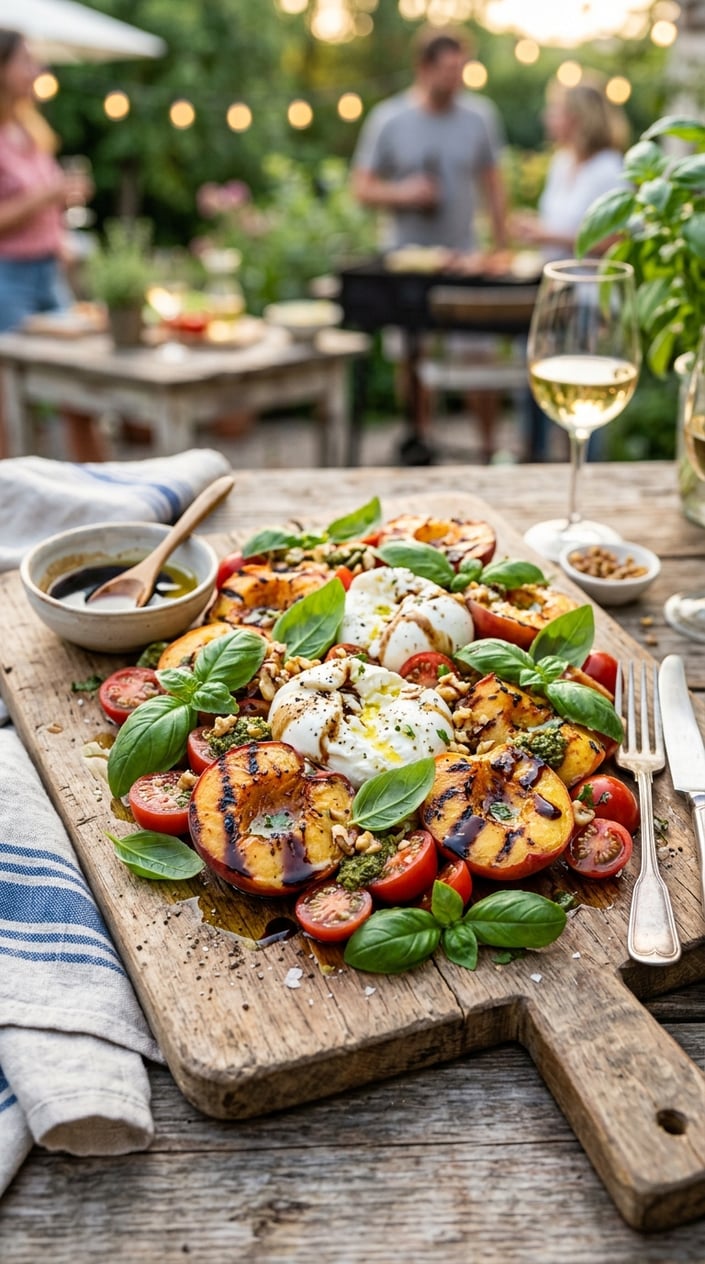 14 BBQ Side Dishes That Steal the Show at Every Memorial Day Cookout 9 A grilled peach Caprese salad with burrata cheese, fresh basil, cherry tomatoes, and balsamic glaze on a wooden board.