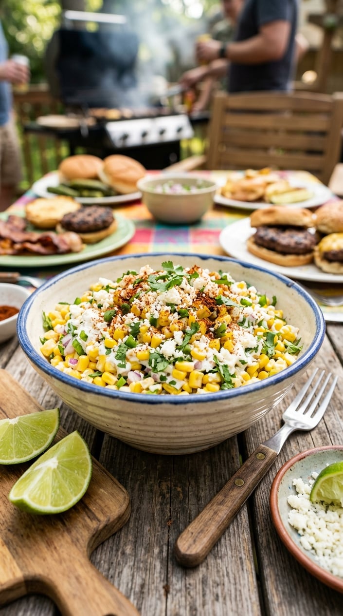 14 BBQ Side Dishes That Steal the Show at Every Memorial Day Cookout 10 A bowl of Mexican street corn salad with corn, cilantro, and lime wedges on a wooden table.
