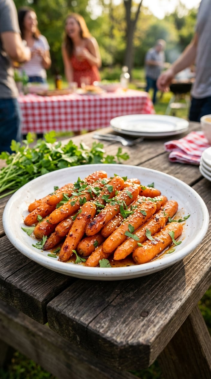14 BBQ Side Dishes That Steal the Show at Every Memorial Day Cookout 11 A plate of honey-sriracha glazed baby carrots garnished with fresh herbs on a wooden table.