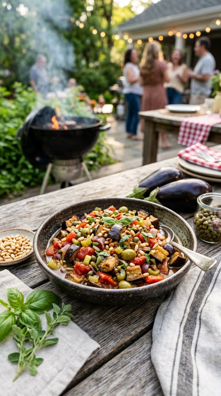 14 BBQ Side Dishes That Steal the Show at Every Memorial Day Cookout 12 A bowl of classic caponata with eggplant and pine nuts on a wooden table surrounded by fresh ingredients.