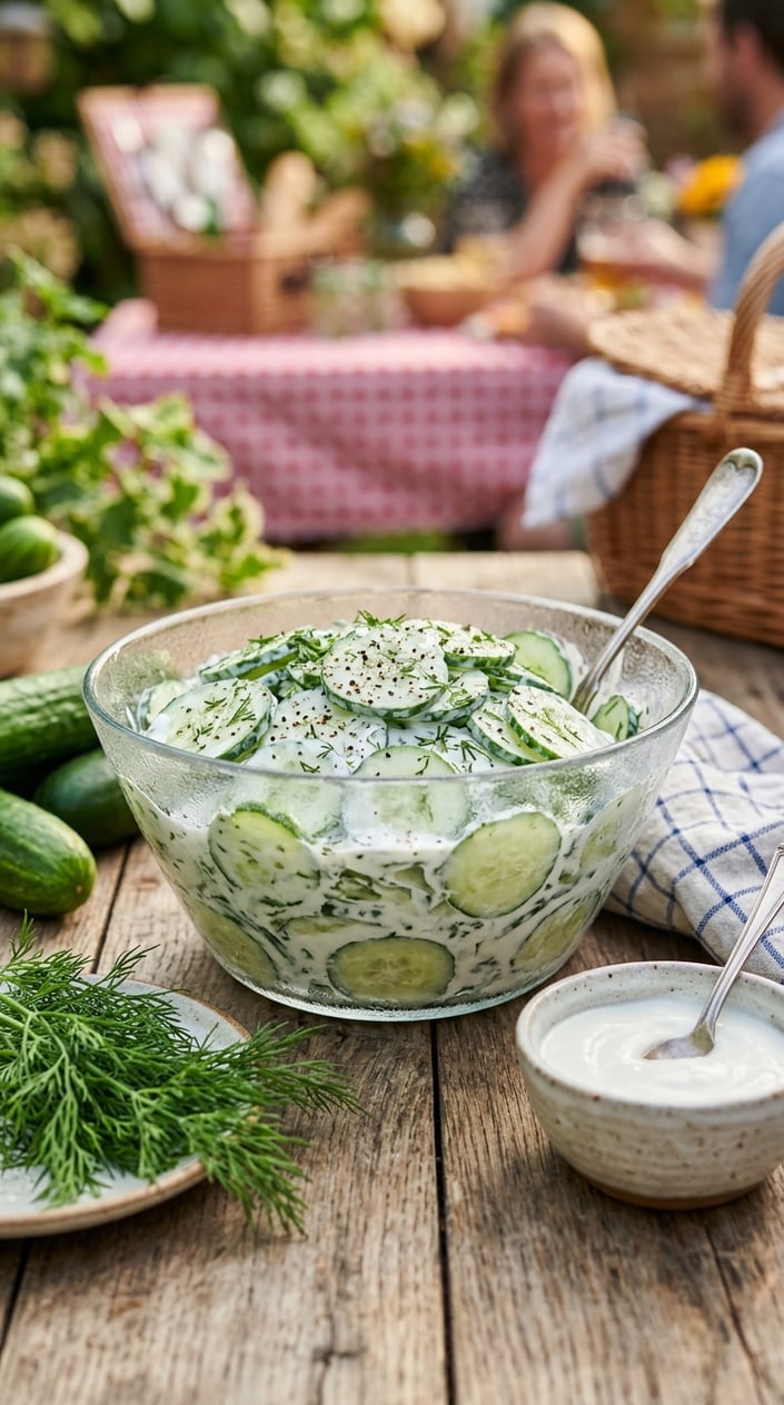14 BBQ Side Dishes That Steal the Show at Every Memorial Day Cookout 13 A bowl of cucumber-dill yogurt salad on a wooden table with fresh cucumbers and dill nearby.