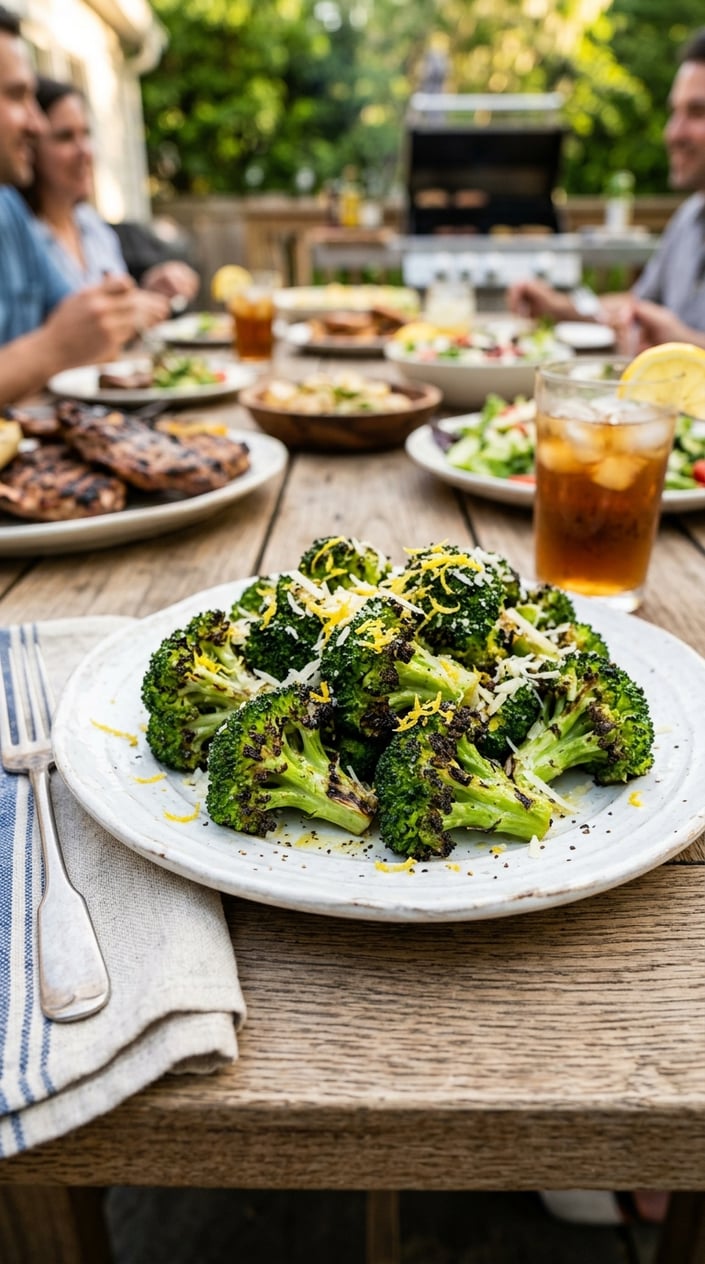 14 BBQ Side Dishes That Steal the Show at Every Memorial Day Cookout 14 A plate of grilled broccoli topped with lemon zest and grated Parmesan cheese on a wooden table.
